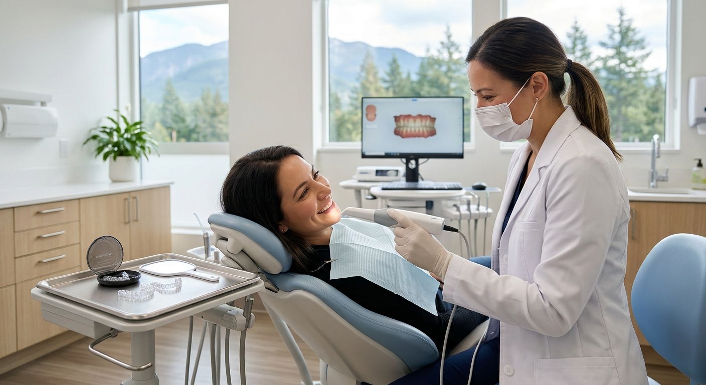 Professional photograph of a dentist using a 3D intraoral scanner on a patient in a bright dental clinic in Squamish, BC, with Invisalign aligners visible on a tray.